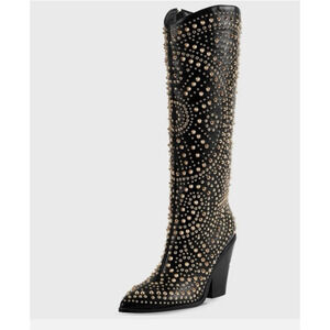 iiimmu Women's Studded Metallic Rivet Tall Boots Pointed Toe High Heel-Size 9.5